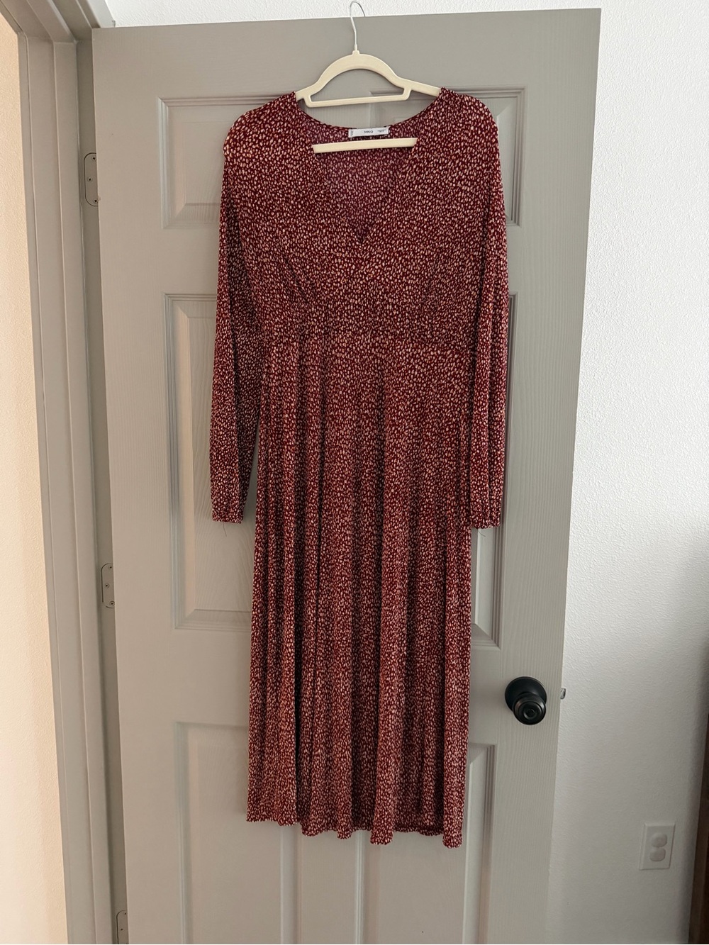 Mango Women's Long Sleeve Burgundy Printed Midi Dress